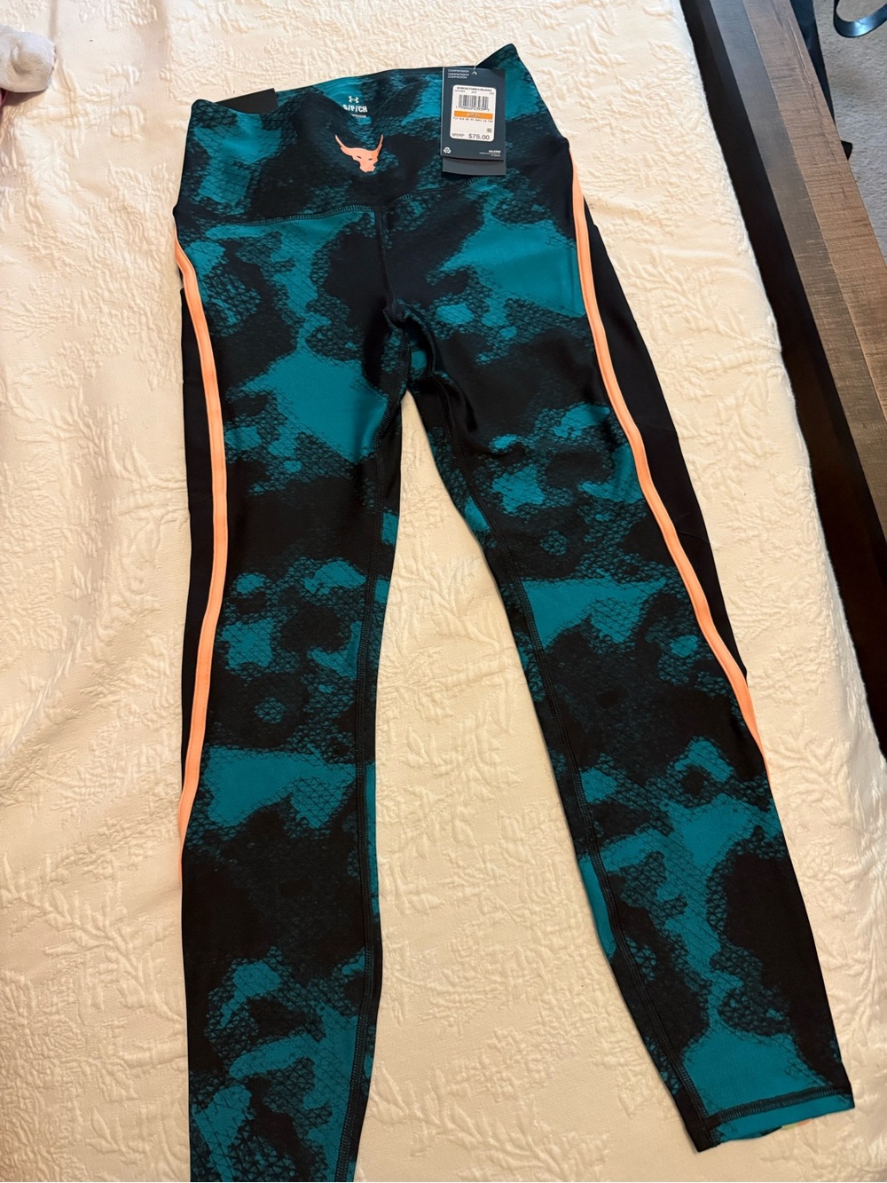 Under Armour Teal Black Leggings with Peach Side Stripe